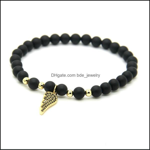 

charm bracelets design micro inserts black cz wings lucky bracelet jewelry 6mm matte agate stone beads 4mm copper drop delivery brace dhqaz, Golden;silver