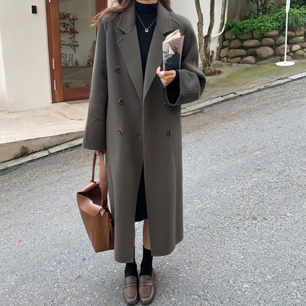 

women's wool blends autumn winter double-sided cashmere coat female fashion medium-length korean loose windbreaker woolen jacket outerw, Black