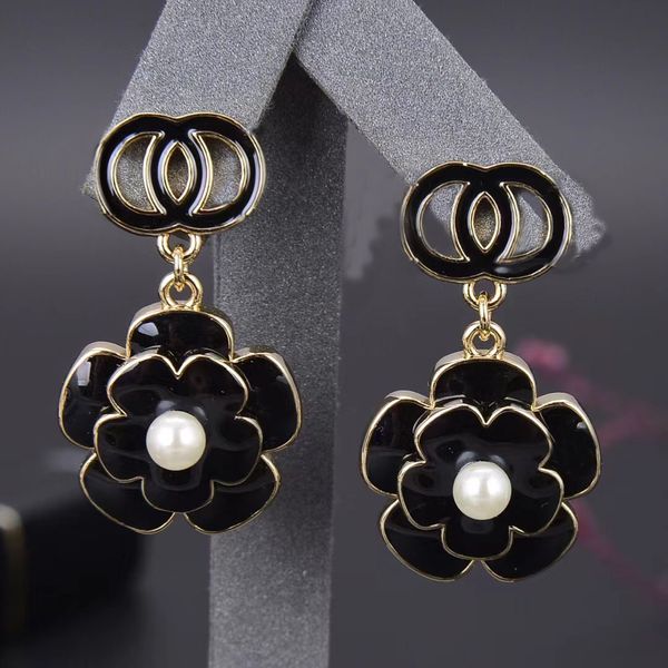 

new charm earrings fashion luxury brand designer bright black enamel flower petals wedding party christmas valentine's day gift quality, Golden