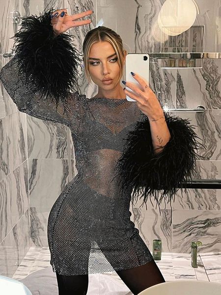 

casual dresses fashion feather patchwork long sleeve mesh dress women autumn seethrough bodycon package hip party night club 221117, Black;gray