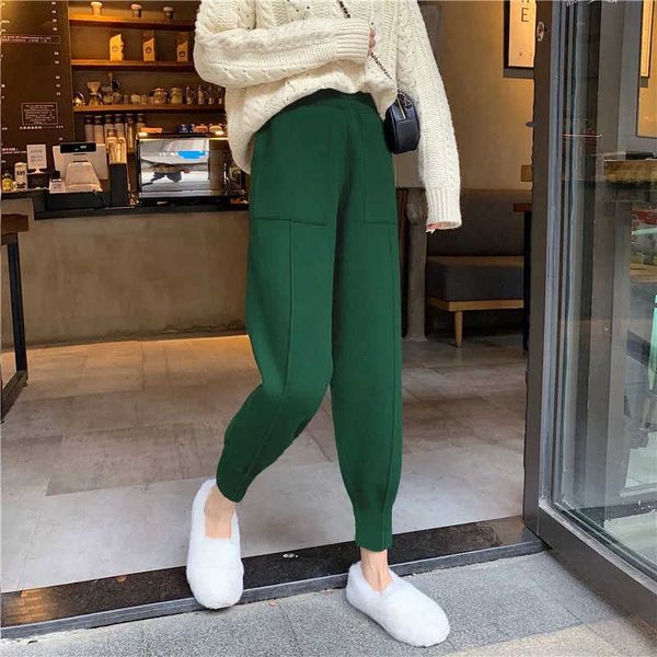 

women's pants capris solid color high waist knitted harem pants autumn loose elastic band joggers fashion 8 colors streetwear trousers, Black;white
