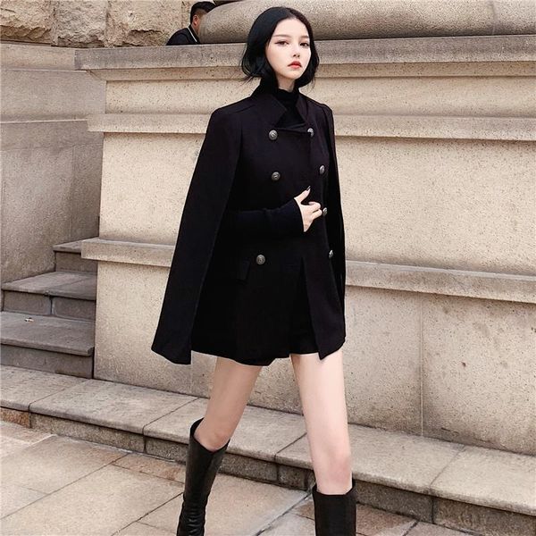 

women's wool blends winter black cape coat can be used with loose stand collar medium long woolen for women 221117