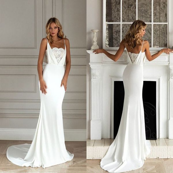 

elegant mermaid wedding dress unique neckline design thin shoulder straplace applicant satin court gown plus size simple bride gown vestidos, White
