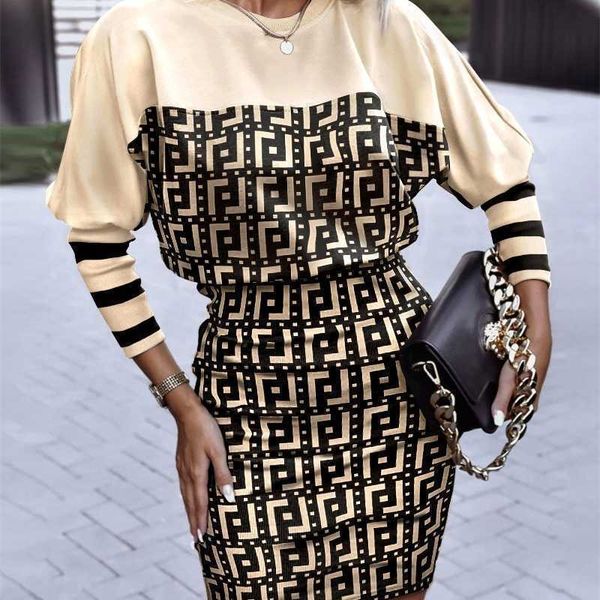 

plus size 3xl casual designer women clothing dresses fashion print waist round neck long sleeve piece skirt, Black;gray