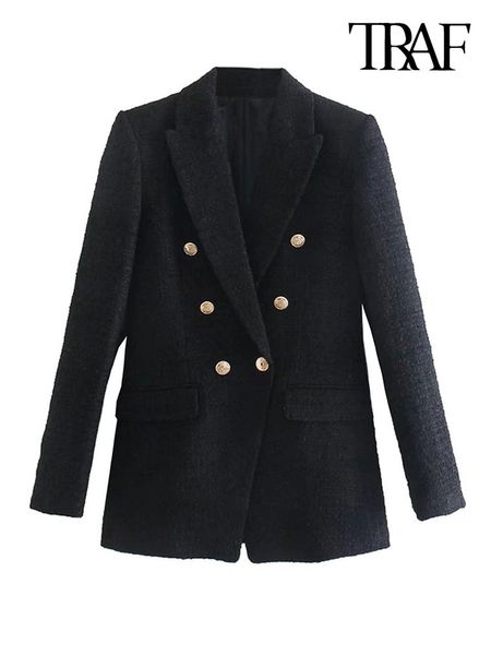 

womens suits blazers traf women fashion with metal button tweed blazer coat vintage long sleeve flap pockets female outerwear chic veste 221, White;black
