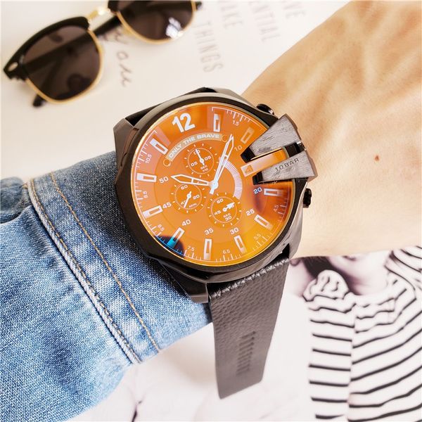 

sports quartz men's watch dz4323 laser colorful glass 57mm large dial waterproof world time leather belt iced out watch, Slivery;brown