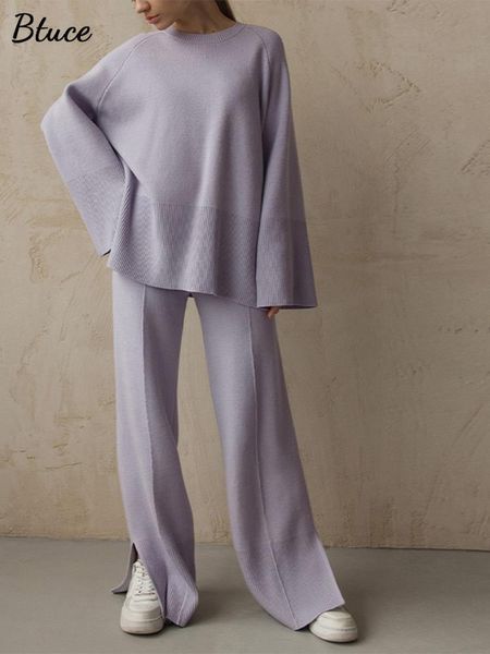 

womens two piece pants women solid oveck loose sweater set wide knitted laceup slit sets autumn winter female fashion tracksuits 221117, White