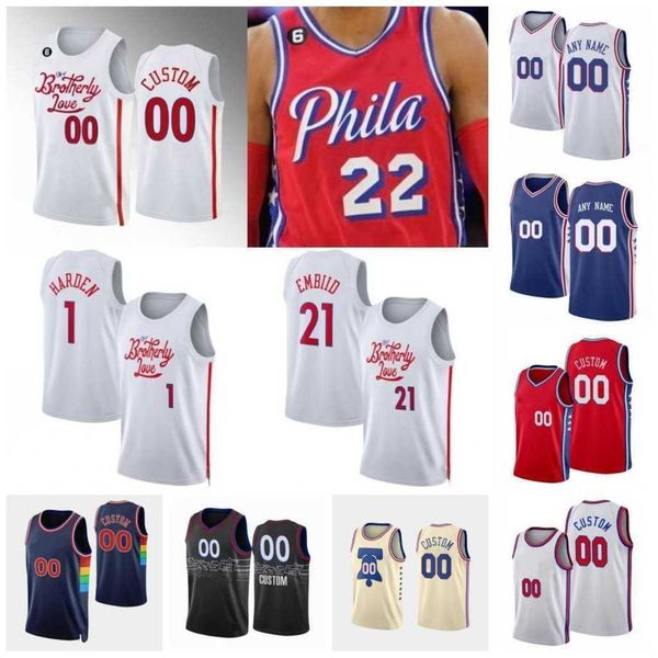 

custom printed 2022-23 new city basketball jersey 0 tyrese maxey 1 james 21 joel harden embiid 12 tobias 8 de'anthony harris melton 17, Black;red