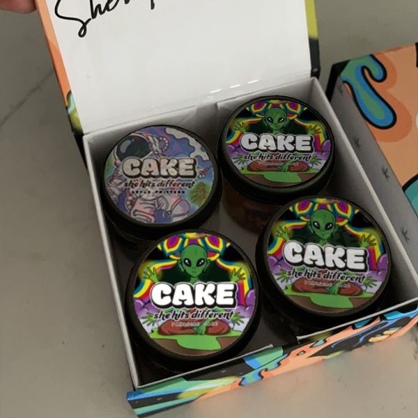 

empty 1 pound cake she hits different live resin 4 flavors sticker labels packaging with glass jar flip open box 4 design