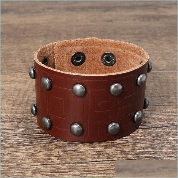 

bangle punk rivet wide leather bangle cuff wrap button adjustable bracelet wristand for men women fashion jewelry drop delivery brace dhjtr, Black