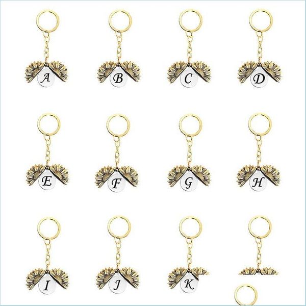 

key rings 26 english letter sunflower locket key ring ancient gold initial keychain holders bag hang for women men fashion jewelry d dhdst, Slivery;golden