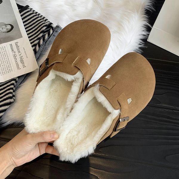 

slippers woolen shoes women's retro plush shoe wear winter half slipper muller shoes, Black