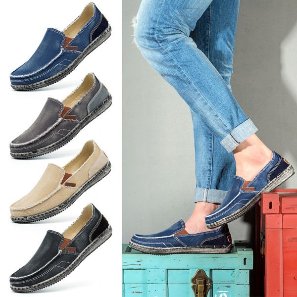 

dress shoes men classic canvas vulcanize shoes breathable slip on lazy shoes washed denim canvas moccasin loafers casual flats male sneakers, Black