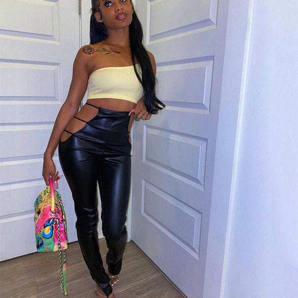 

women's leggings women faux leather split leggings tight stretchy rider punk y2k pu skinny hip push up butt lift hem waist hollow out p, Black