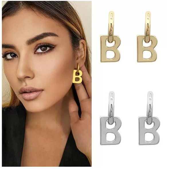 

b letter earrings heavy industry metal mirror polishing advanced sense earrings european and american fashion live 213 hoops silver hoop, Golden;silver