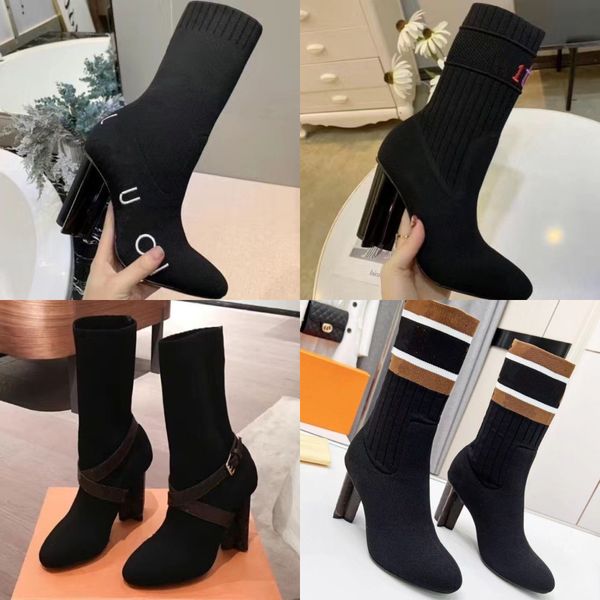 

new women's boots knit socks boots designer high heels platform shoes lettering luxury flat jelly non-slip round head rubber leather 36, Black