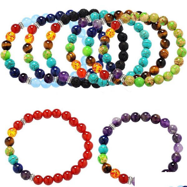 

beaded strand gemstone round beads natural stone stretch yoga reiki bracelets amethyst turquoise bracelet 7 chakra fashion jewelry d dhwad, Black