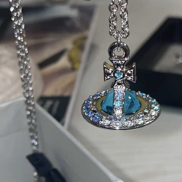 

pendant necklaces the queen mother of the west is full of diamond blue saturn ufo necklace ins advanced design sense mysterious planet colla, Silver