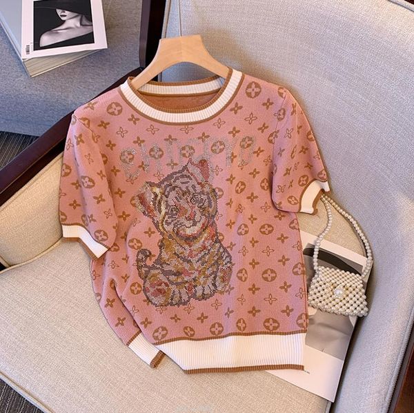 

women's knits tees luxury design summer new thin knit sweater pullover round neck geometric striped jacquard knitted casual sweater 202, White
