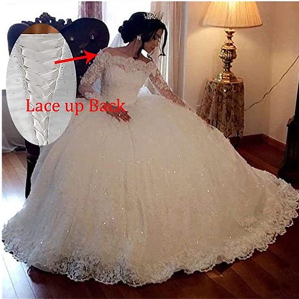 

estido de noiva bling shiny ball gown wedding dresses ball gown vintage lace wedding gown long sleeve scoop robe de mariee, White