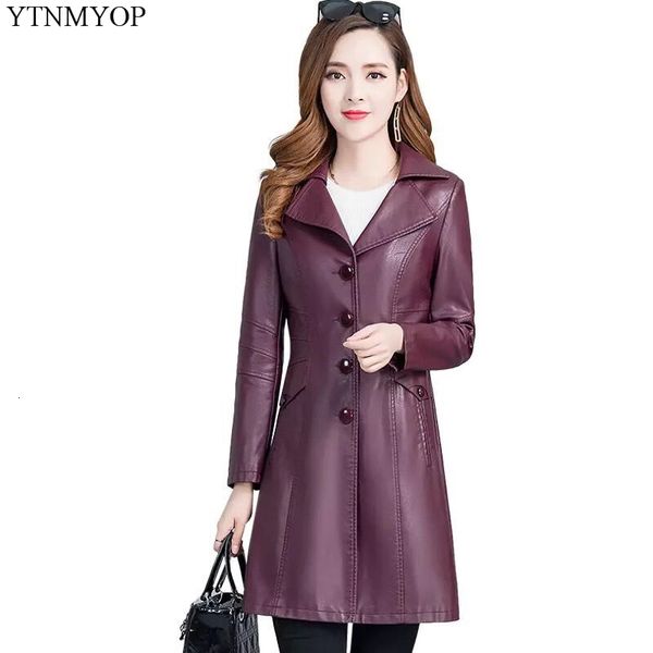 

women's leather faux ytnmyop spring single breasted trench women slim long coat turn-down collar overcoat autumn 5xl jacket 221117, Black