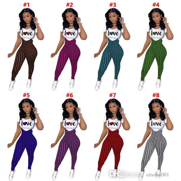 

designer valentine's day tracksuits fashion pattern printed short sleeved t-shirt and suspender jumpsuit two piece jogger set women clo, Gray