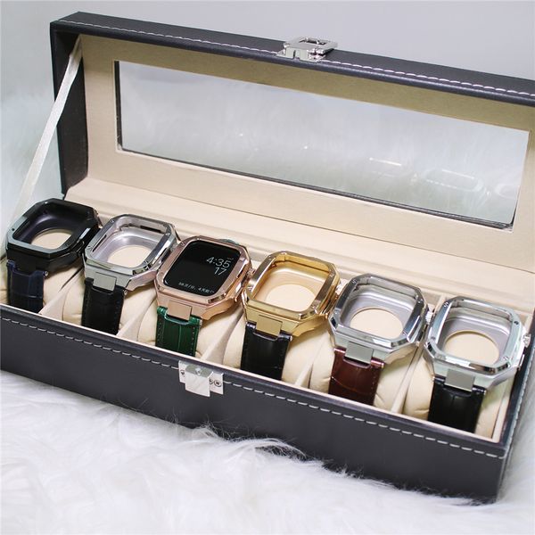 

AP Smart Straps Modified Stainless Steel Cover Case Protection With Leather Kits Crocodile Print Watchband Band Fit iWatch 8 7 6 5 4 For Apple Watch 44 45mm mm