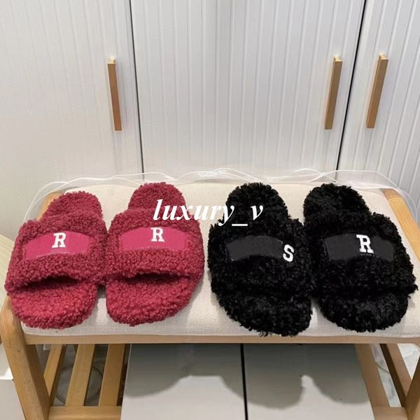 

designer women slippers ladies winter wool slides women fur slipper fluffy furry sandal warm letters sandals comfortable fuzzy girl flip flo, Black