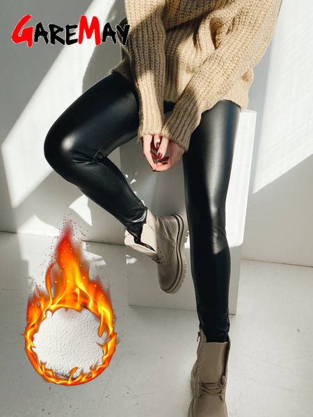 

women's leggings warm high waisted faux pu leather leggings for women shiny winter pants velvet slimming women's leather leggings, Black