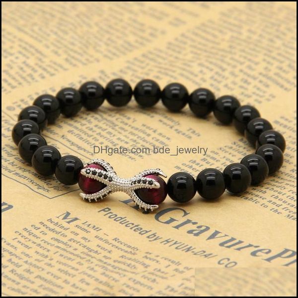 

charm bracelets wholesale 10pcs/lot natural black onyx stone with roseo tiger eye beads micro inlay cz eagle claw beaded bracelets d dhxjy, Golden;silver