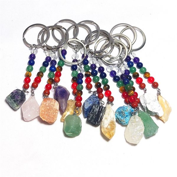 

irregular raw ore stone key rings 7 colors chakra beads chains gem charms keychains healing crystal keyrings for women men hot, Silver