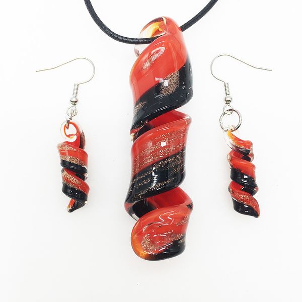

1 set pendant necklace earring set chinese style retro red black spiral colored glaze murano glass for women gold foil, Silver