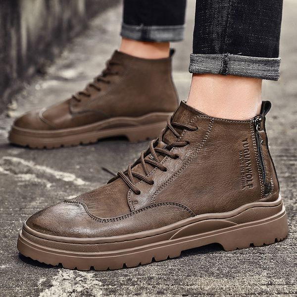 

winter british style martin boots for men fleece high-leather shoes new casual fashion running sneaker retro wild workwear men's shoes, Black