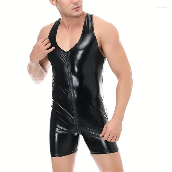 

undershirts men lingerie bodysuit black wetlook faux leather zipper open crotch shiny tight erotic catsuit fetish gay costumes clubwear, Black;brown