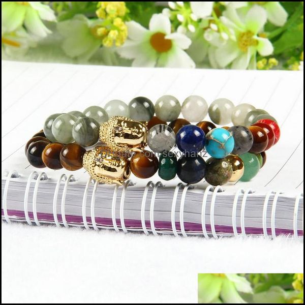 

charm bracelets mix 4 colors wholesale 8mm natural stone 7 chakra yoga meditation energy healing clear cz big buddha bracelet drop d dhkag, Golden;silver