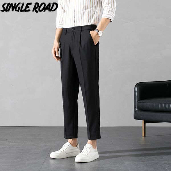 

mens pants single road suit straight light weight solid chinos office male casual ankle length trousers for 221117, Black