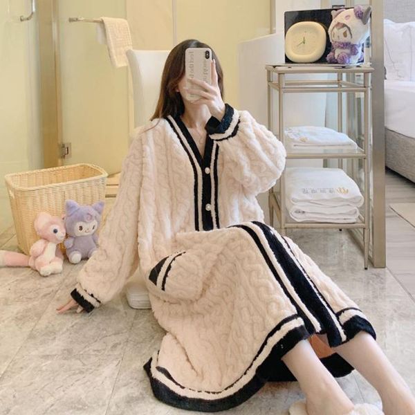 

women's sleepwear nightgown for women in autumn and winter new style plush pajamas long tie cardigan thickened sleeved household clothe, Black;red
