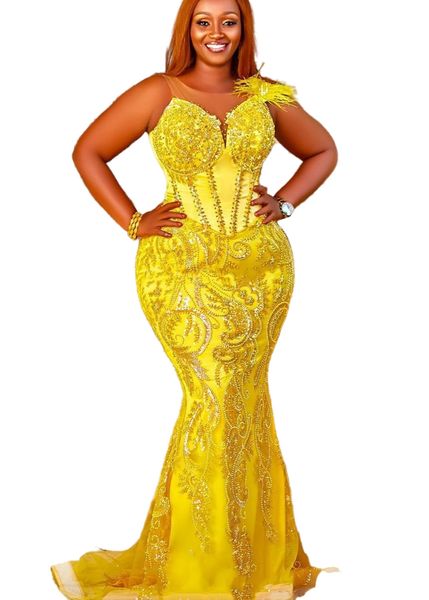 

aso ebi 2022 arabic yellow mermaid prom dresses sequined lace feather evening formal party second reception birthday engagement gowns dress, Black