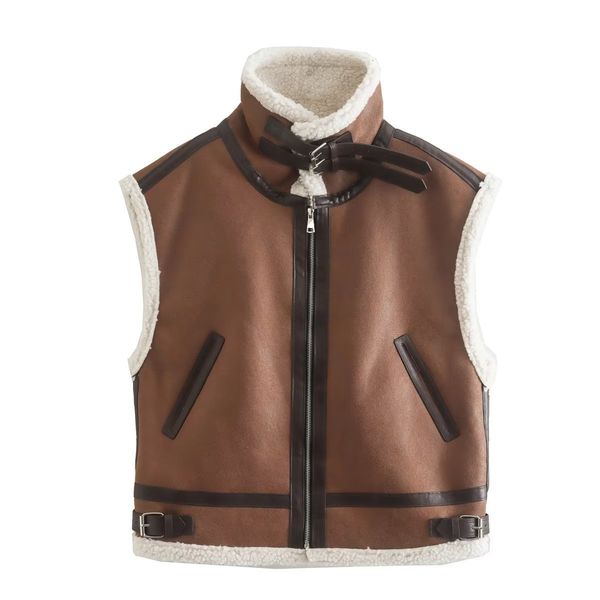 

women's vests women fur vest faux sheepskin fur waistcoat chic lady faux leather fleece oversized vest woman sleeveless jacket fall win, Black;white