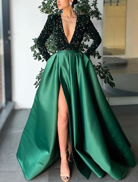 

sparkle sequin satin evening dress 2023 v neck long sleeves slit prom formal goowns arabic dubai abendkleider robe de soiree vestidos fiesta, Black;red