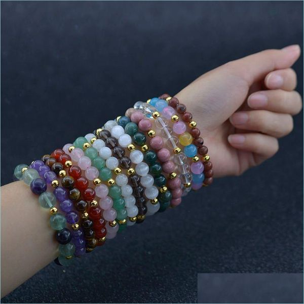 

beaded 8mm strand natural stone bracelet with gold stainless steel bead amethyst healing crystal bracelets semiprecious jewelry drop dhzaj, Black
