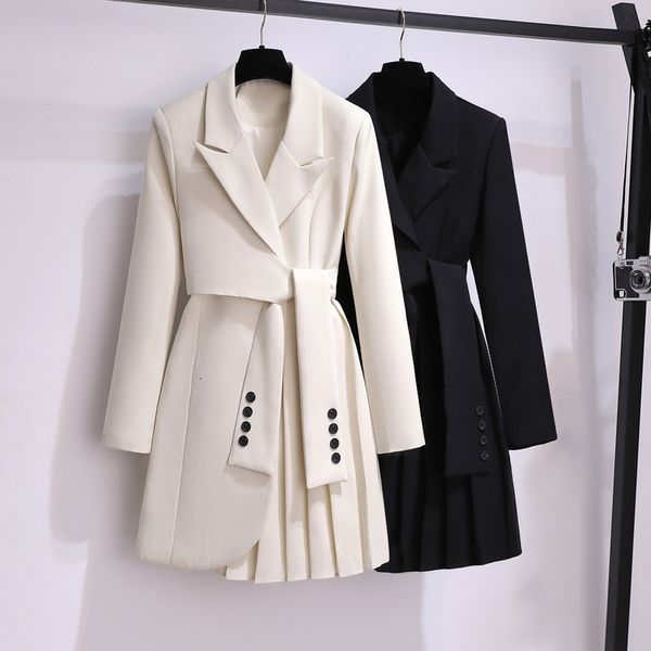 

womens suits blazers elegant long blazer pleated women notched sleeve tunic sashes solid slim loose female fashion spring autumn 221117, White;black