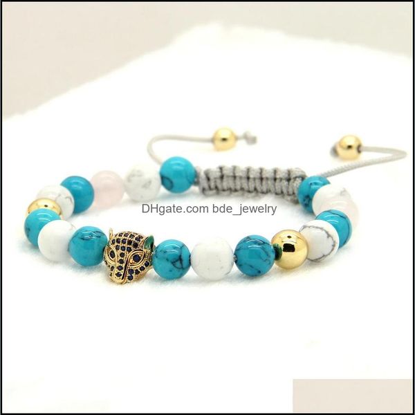 

charm bracelets wholesale 10pcs/lot 8mm turquoise howlite stone blue cz leopard head braided european american style weaved womens b dhwxt, Golden;silver