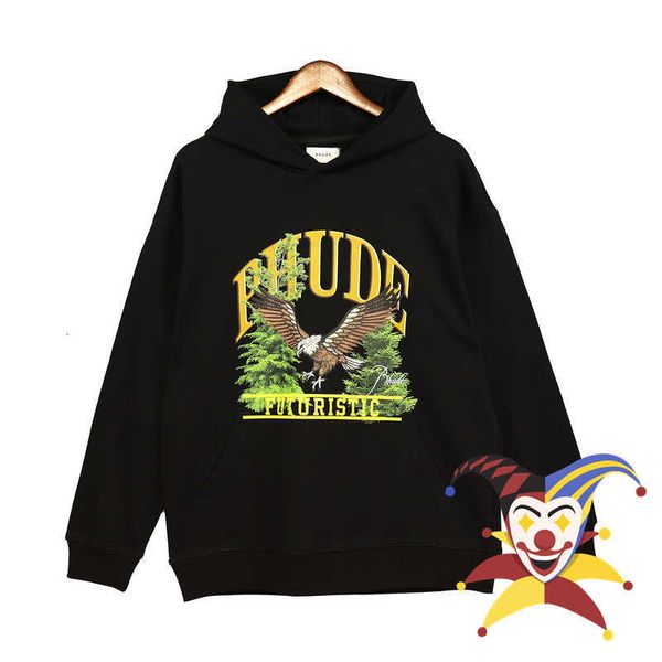 

fleece eagle print rhude hoodie men women washed pullovers sweatshirts 4ws2 p451, Black