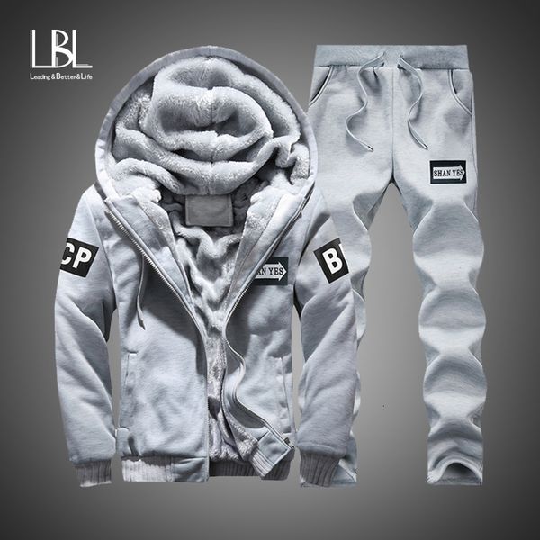 

mens hoodies sweatshirts winter inner fleece casual hooded warm male thicken tracksuit 2pc jacketpant moleton masculino 221117, Black