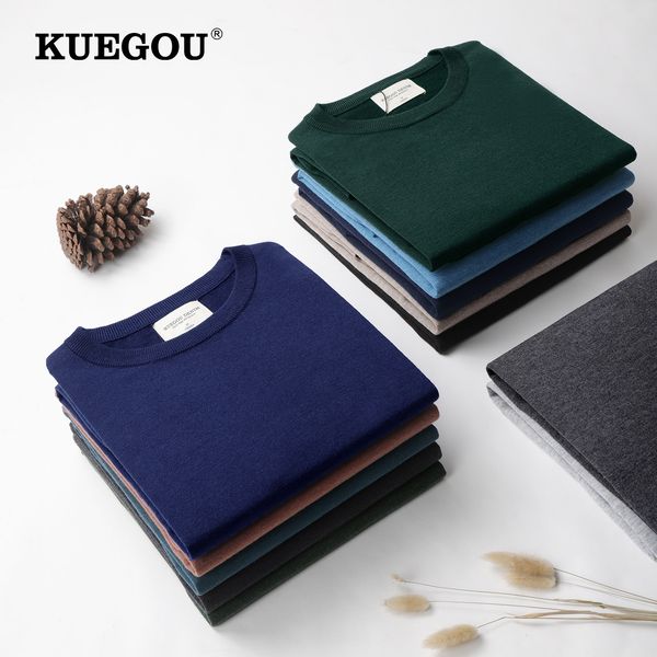 

men's sweaters kuegou autumn clothing men sweater o-neck slim male soft pullover knitted blends wool warm plus size x701 221117, White;black