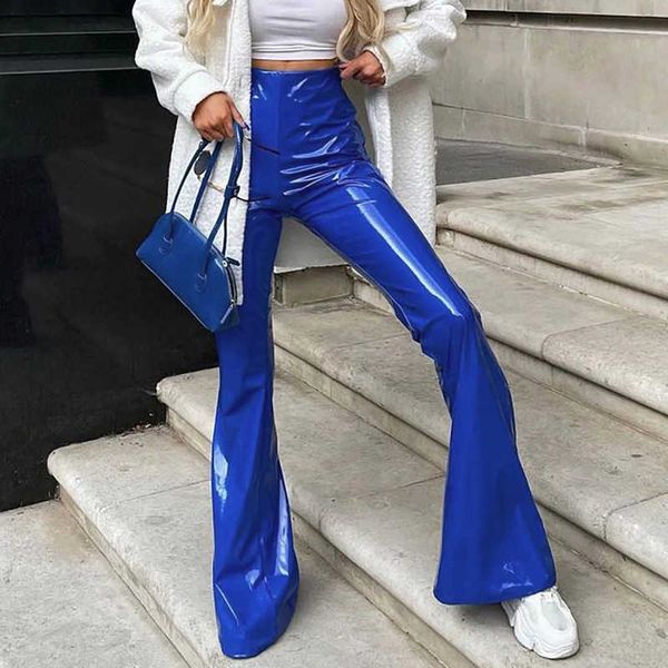 

women's leggings fall streetwear women pu faux leather pants high waist blue flare pants leather leggings skinny trousers women 2021 t2, Black