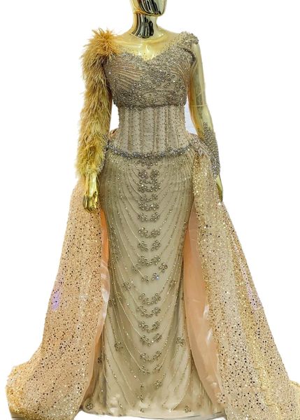 

aso ebi 2022 arabic gold mermaid prom dresses feather beaded crystals evening formal party second reception birthday engagement gowns dress, Black