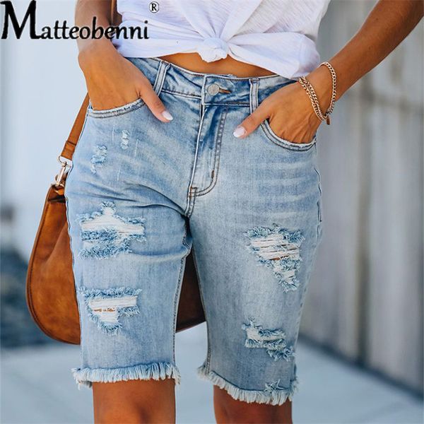 

women's jeans ripped summer street tassel high elastic skinny pants mid waist five points women slim hole ladies casual shorts 221117, Blue
