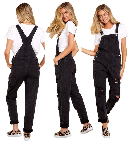 

New Fashion Fashion Double Strap Denim Perforated Women's Jumpsuit, Black